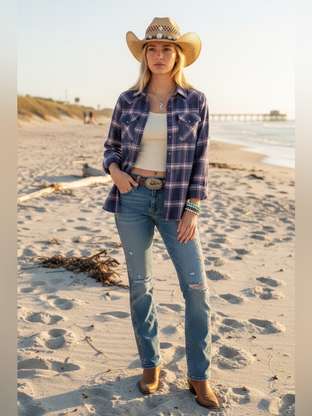 Jachs Girlfriend Plaid Flannel Check Shirt Navy Blue Pink Coastal cowgirl M NWT